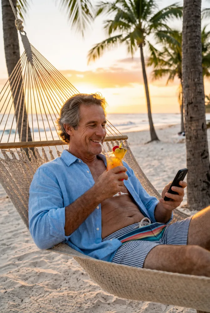 Pest control owner relaxing while leads come in
