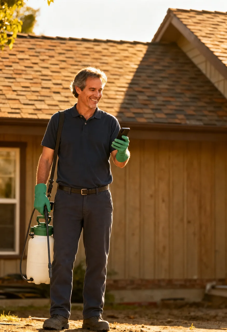 Pest control technician outside a home